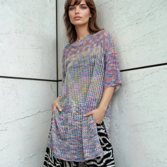 Kate Hewko Tops - NWT KATE HEWKO Multicolour Crochet Sheer Tee with Side Slits- One Size Fits Most